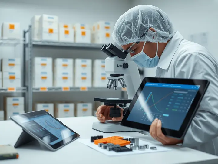 质检人员使用显微镜检查点胶质量